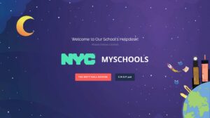 Login screen of application that shows the NYC schools logo with creative educational drawing in the background